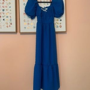 ASOS bright blue midi dress — lace up back